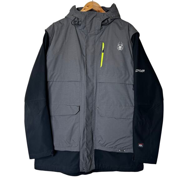 Spyder Ski Jacket Size L Gray Black 100% Nylon Water Resistant Convertible